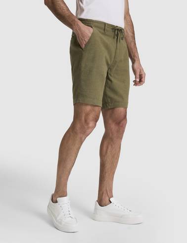 Haki Slim Fit Keten Karışımlı Beli Lastikli Kordonlu Dokuma Şort