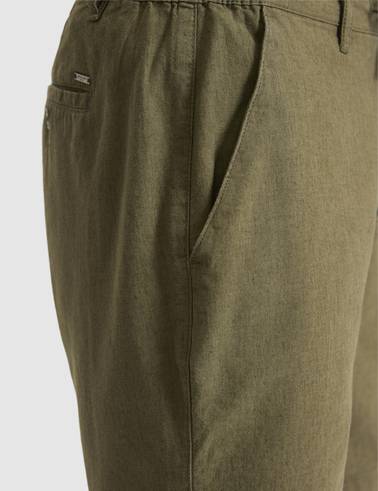 Haki Slim Fit Keten Karışımlı Beli Lastikli Kordonlu Dokuma Şort