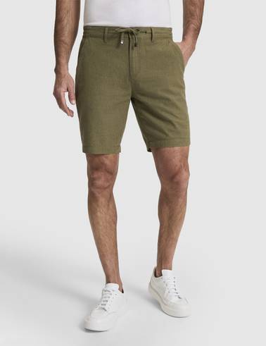 Haki Slim Fit Keten Karışımlı Beli Lastikli Kordonlu Dokuma Şort