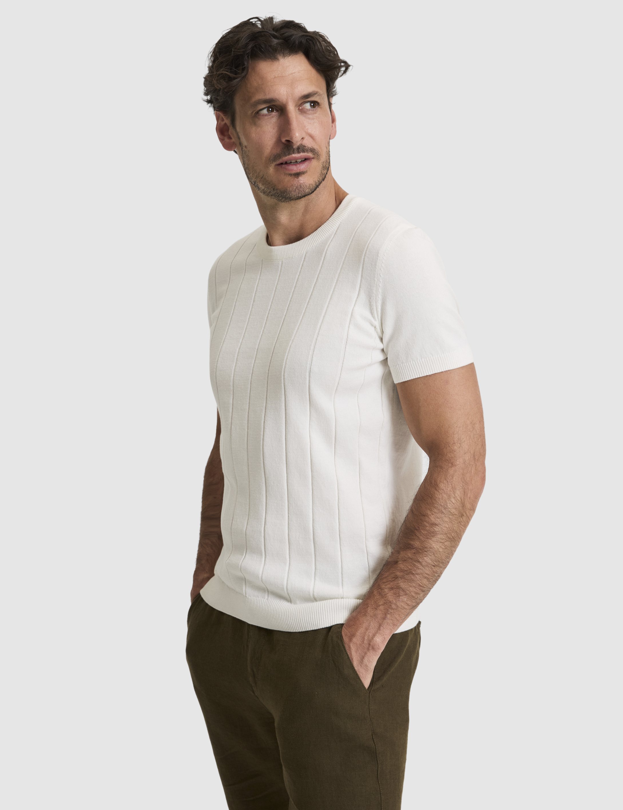 Ekru Slim Fit Bisiklet Yaka Triko Tişört - 50325064001