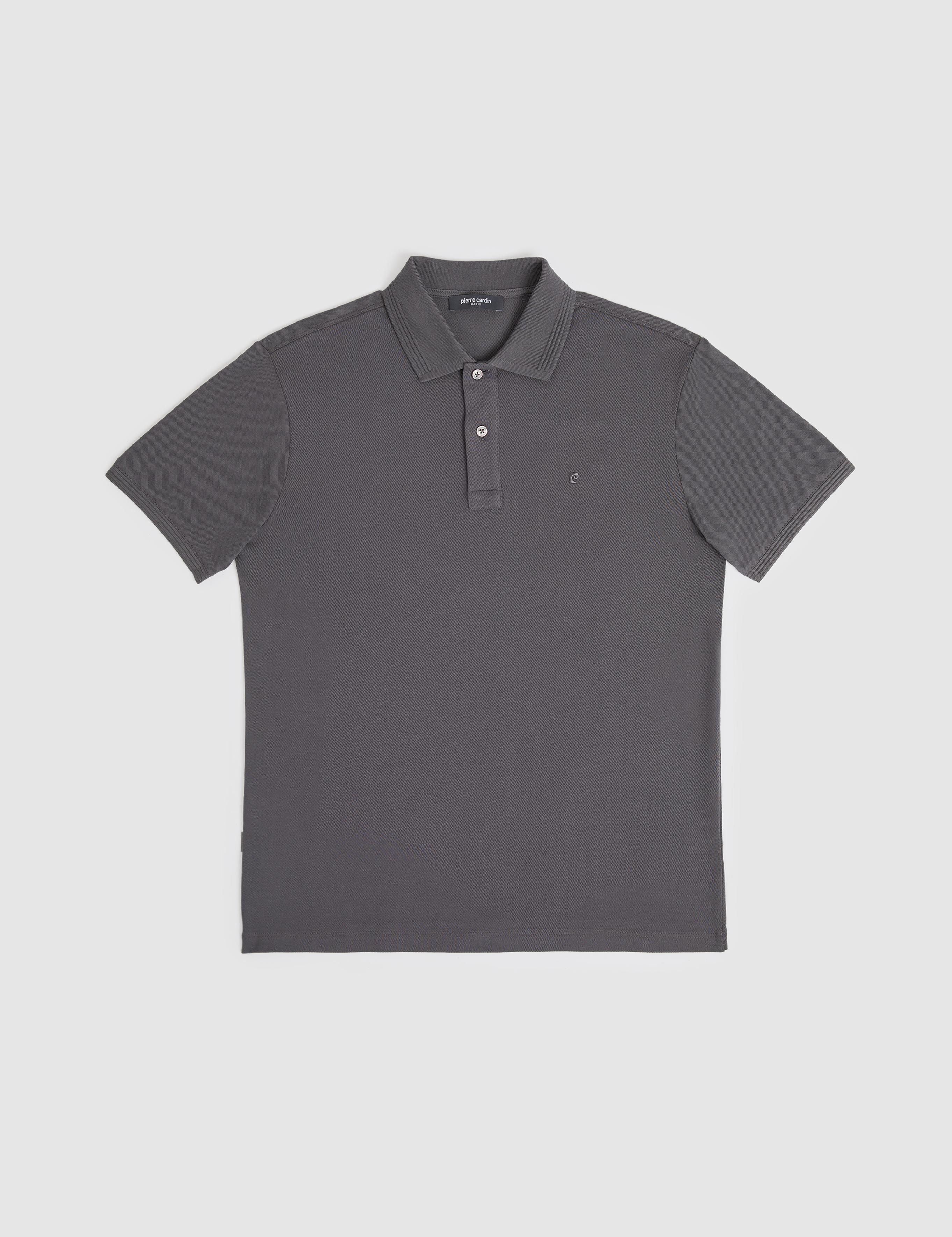 Koyu Gri Slim Fit %100 Pamuk Düğmeli Polo Yaka Basic Tişört