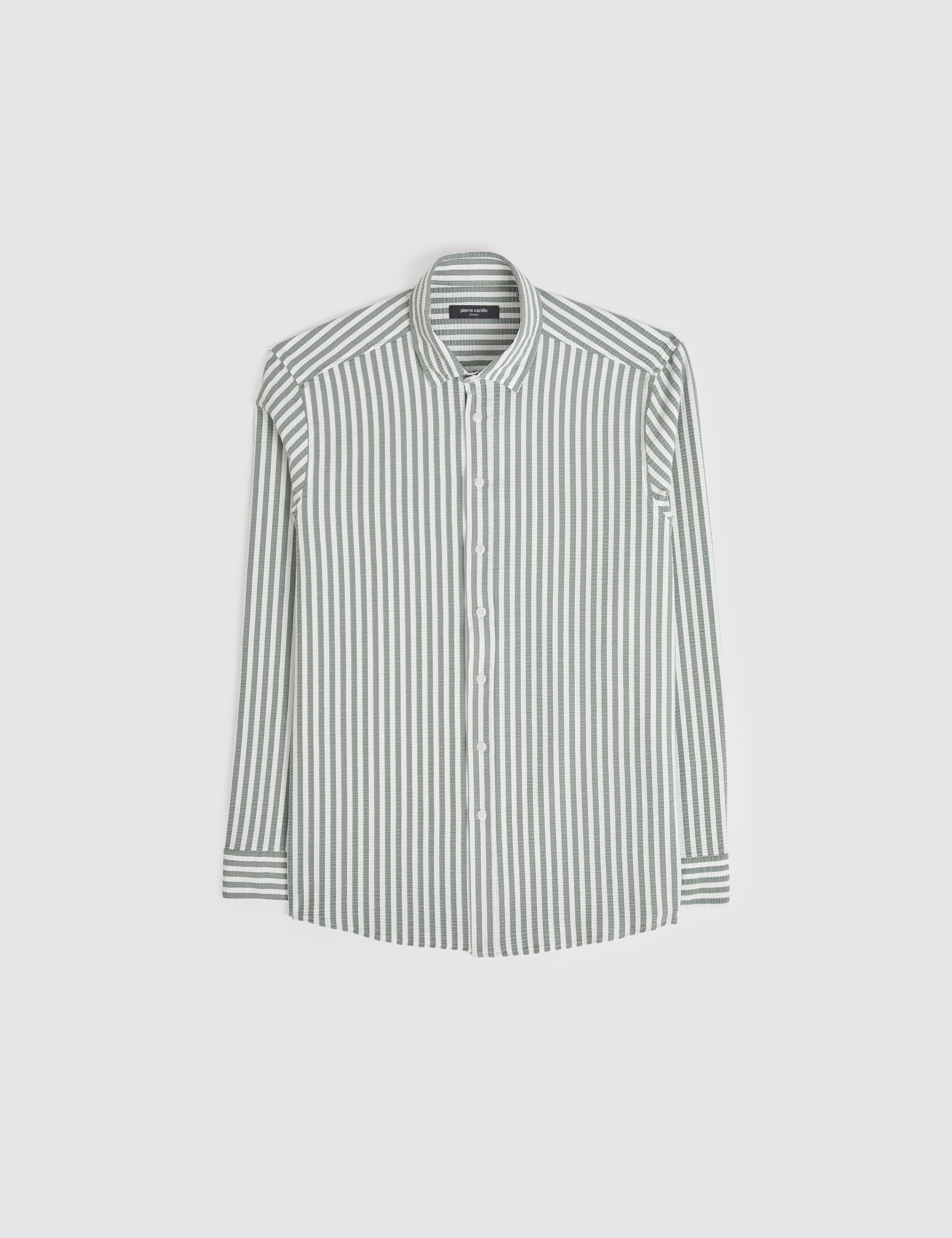 Haki Regular Fit Çizgili Uzun Kollu Gömlek - Image 6