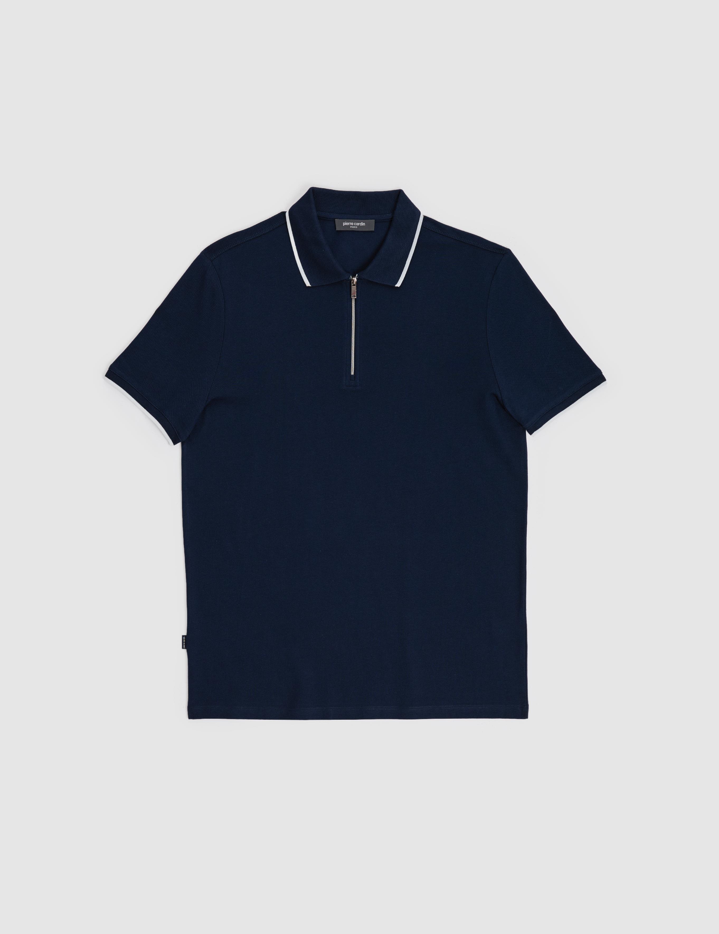 Lacivert Slim Fit %100 Pamuk Fermuarlı Polo Yaka Tişört