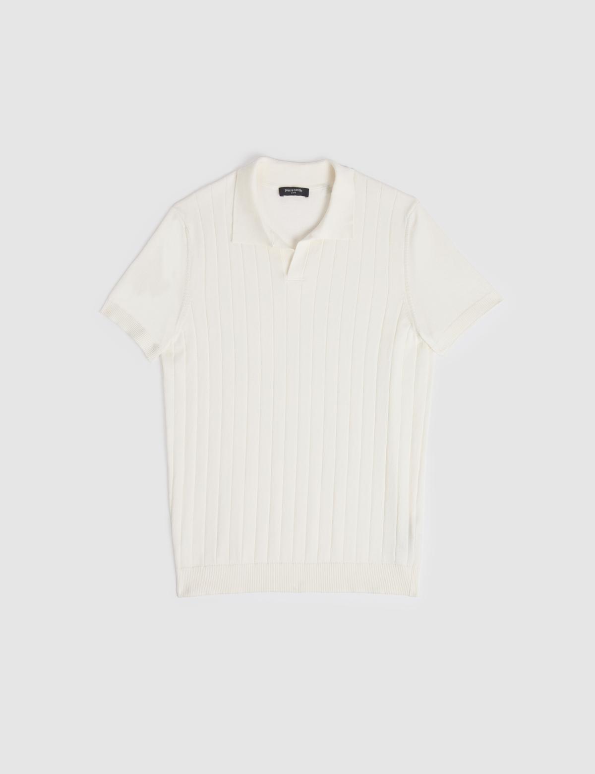 Ekru Slim Fit %100 Pamuk Apaş Yaka Triko Tişört - 50325074003