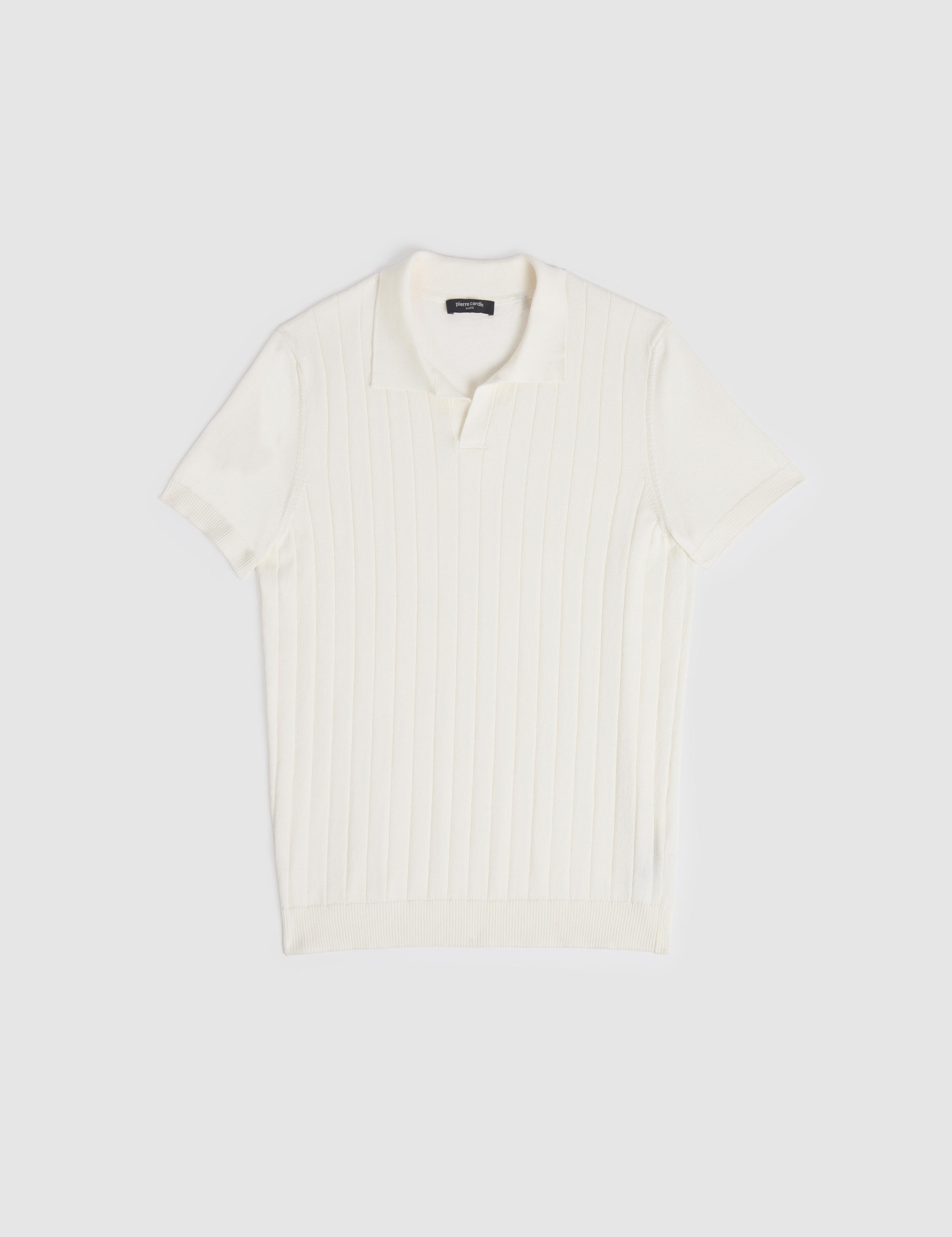 Ekru Slim Fit %100 Pamuk Apaş Yaka Triko Tişört