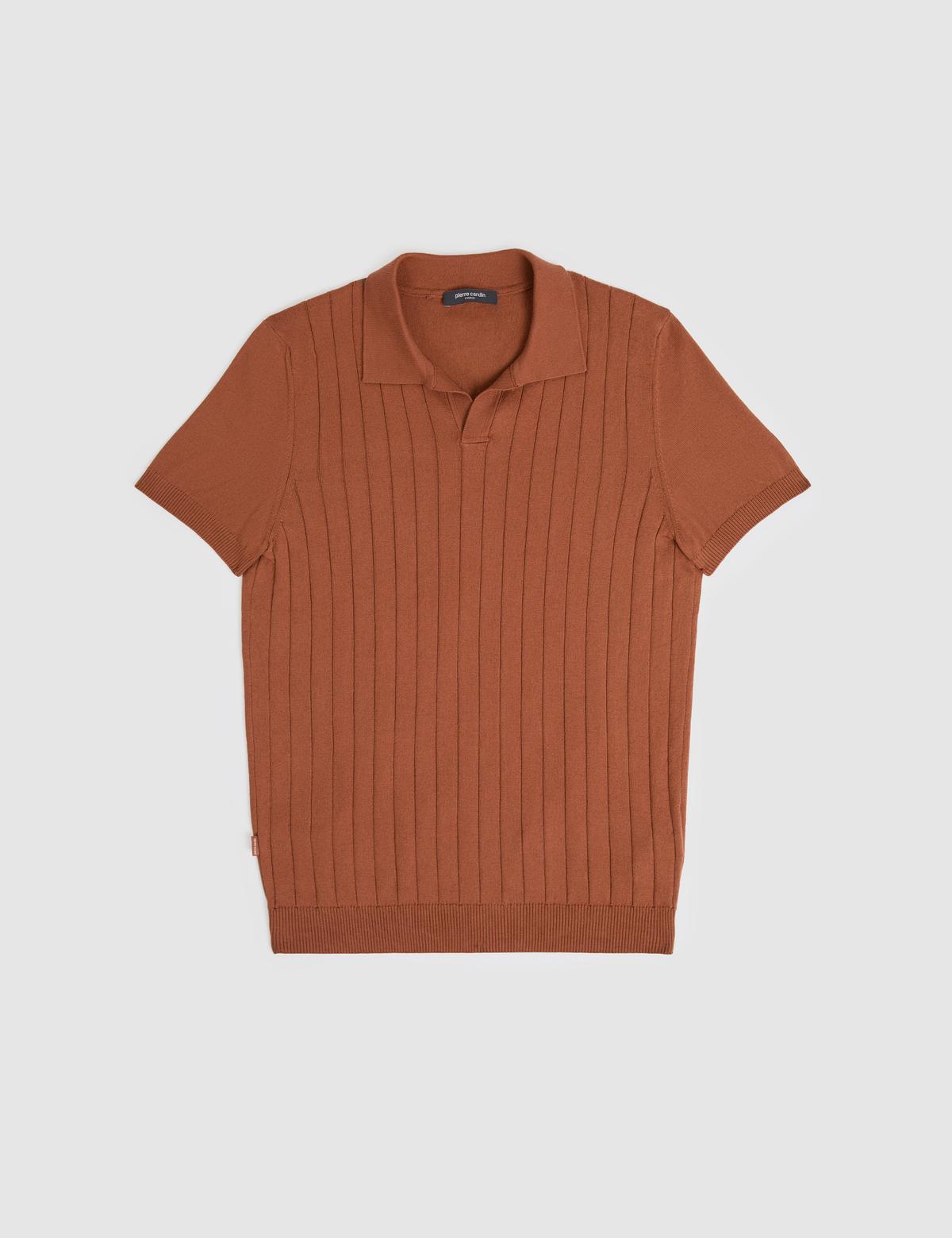 Açık Kahverengi Slim Fit %100 Pamuk Apaş Yaka Triko Tişört - 50325074021