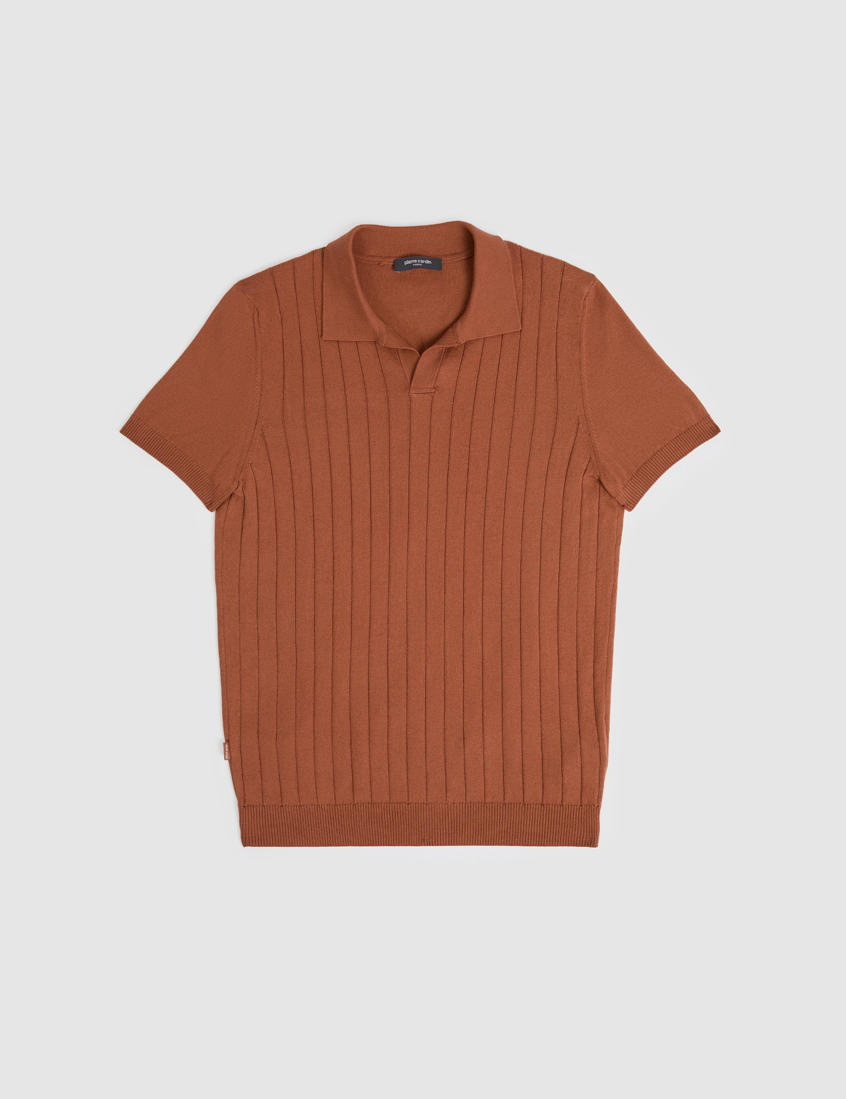 Açık Kahverengi Slim Fit %100 Pamuk Apaş Yaka Triko Tişört
