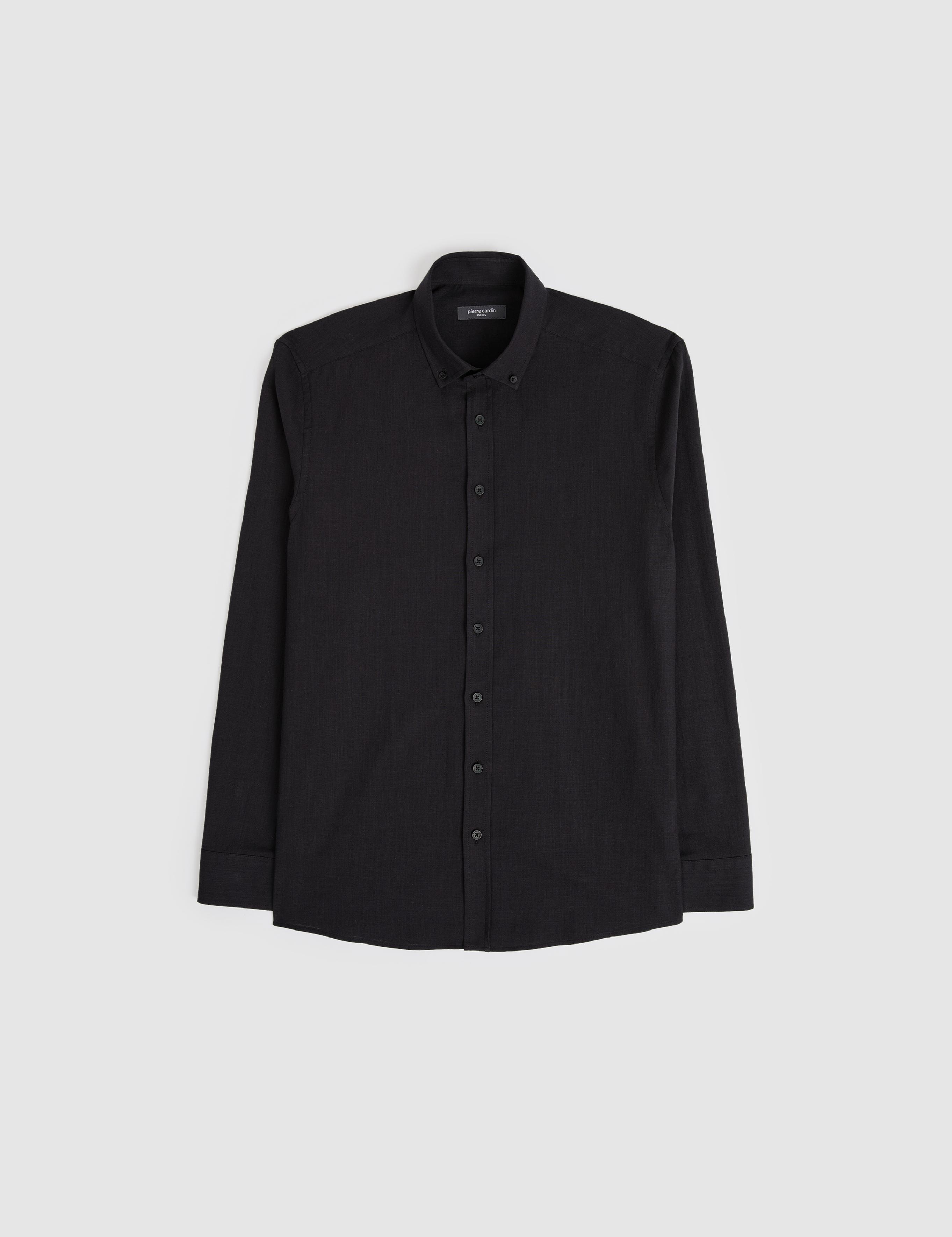Siyah %100 Pamuk Keten Görünümlü Slim Fit Uzun Kollu Gömlek