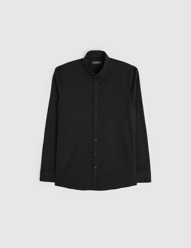 Siyah %100 Pamuk Keten Görünümlü Slim Fit Uzun Kollu Gömlek