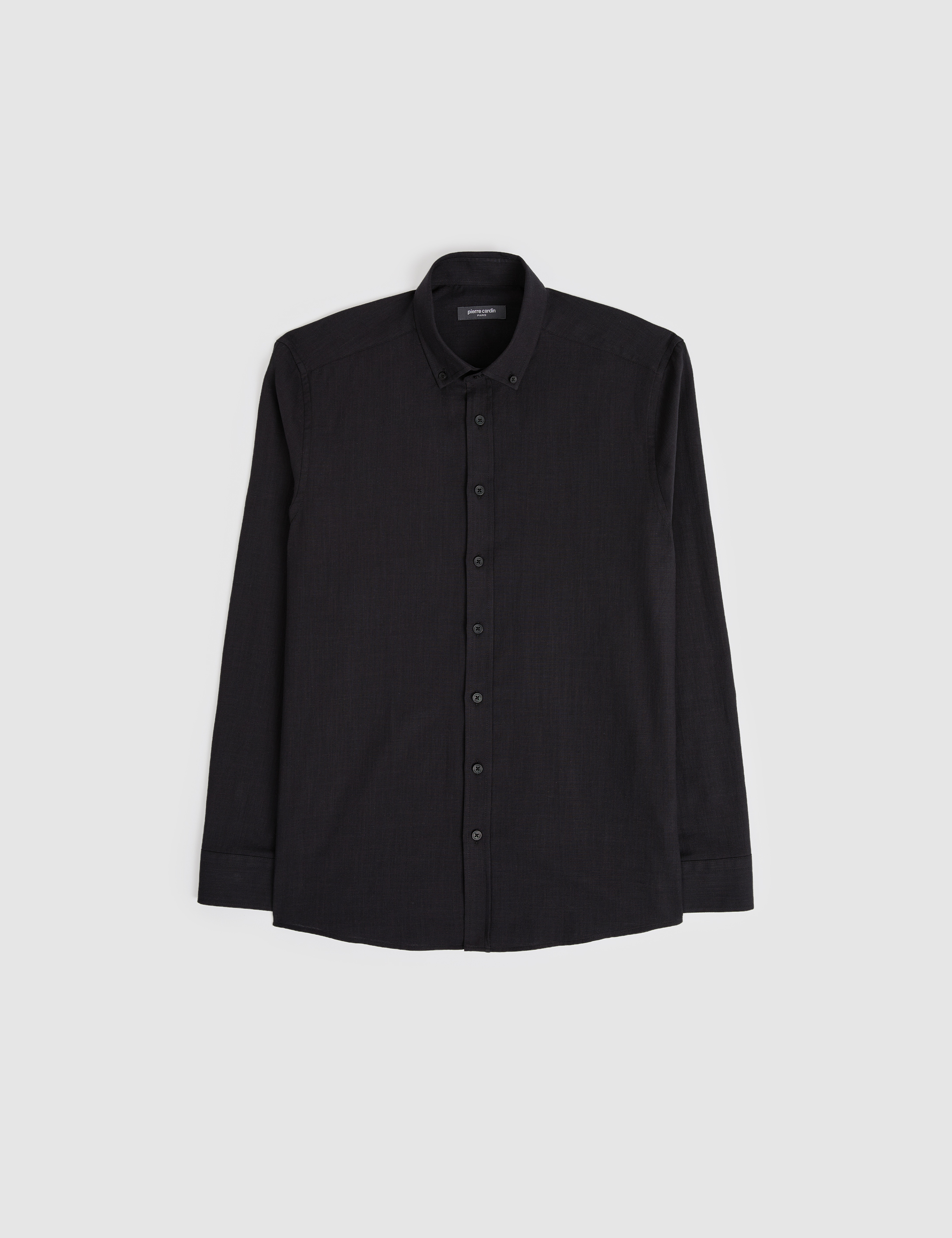 Siyah %100 Pamuk Keten Görünümlü Slim Fit Uzun Kollu Gömlek - Image 6