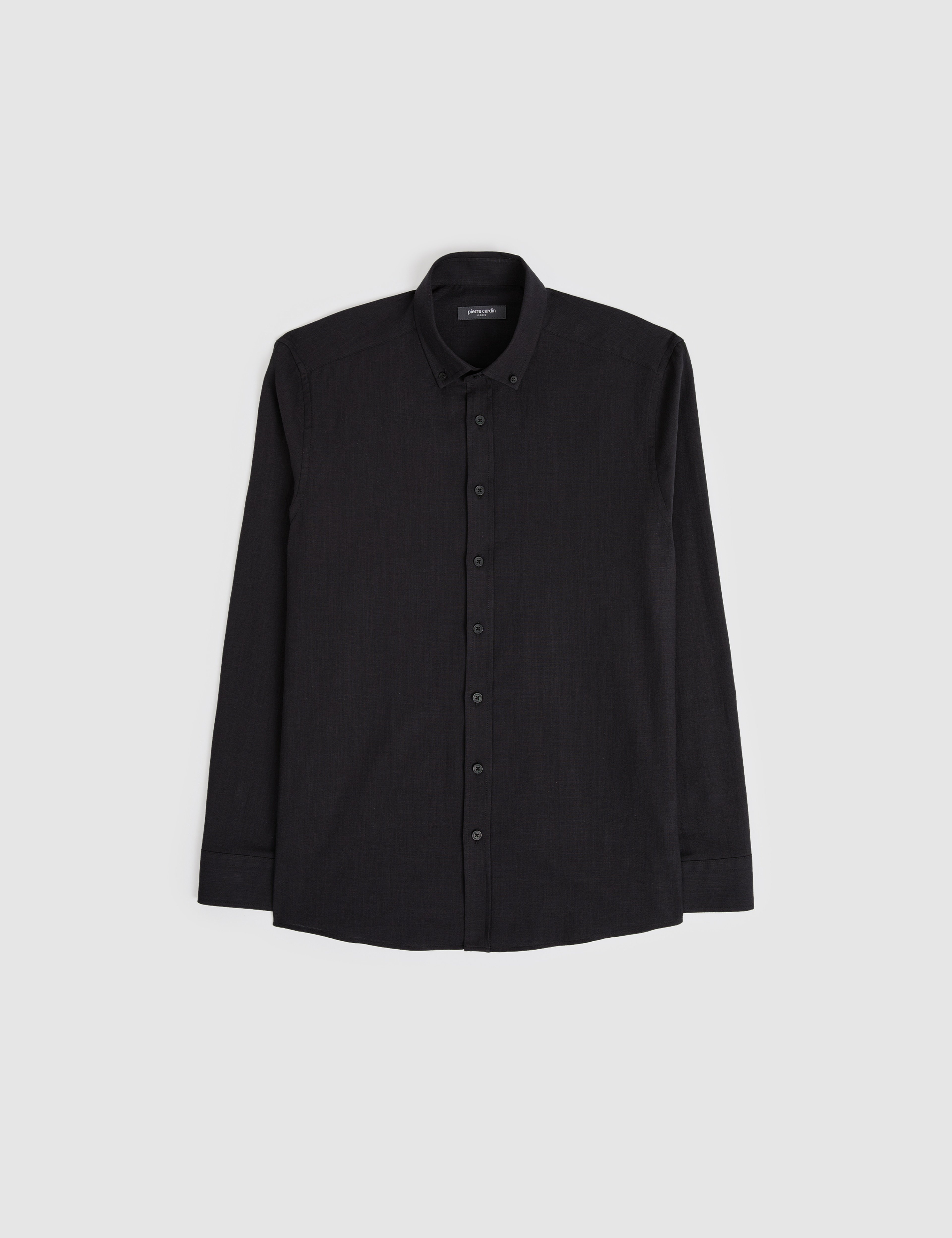 Siyah %100 Pamuk Keten Görünümlü Slim Fit Uzun Kollu Gömlek