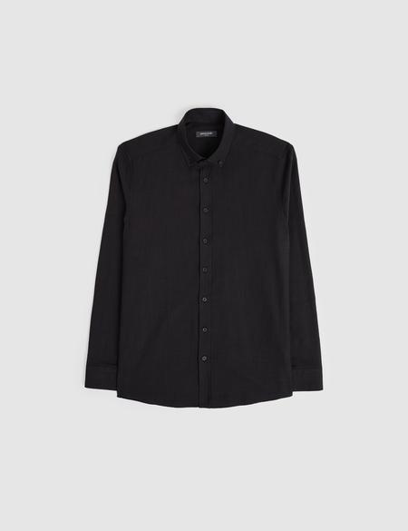 Siyah %100 Pamuk Keten Görünümlü Slim Fit Uzun Kollu Gömlek - 50325355062