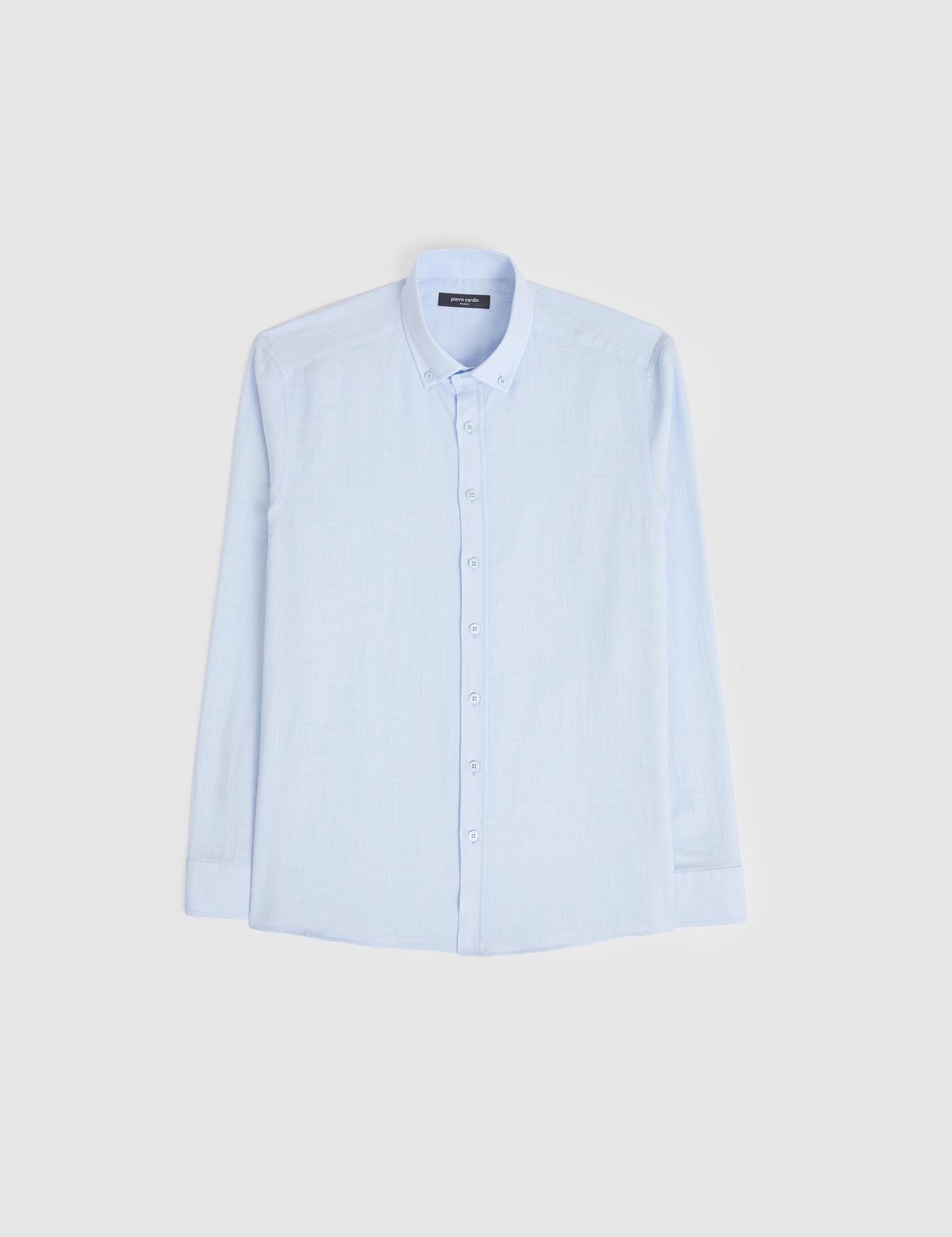 Açık Mavi %100 Pamuk Keten Görünümlü Slim Fit Uzun Kollu Gömlek - 50325355052
