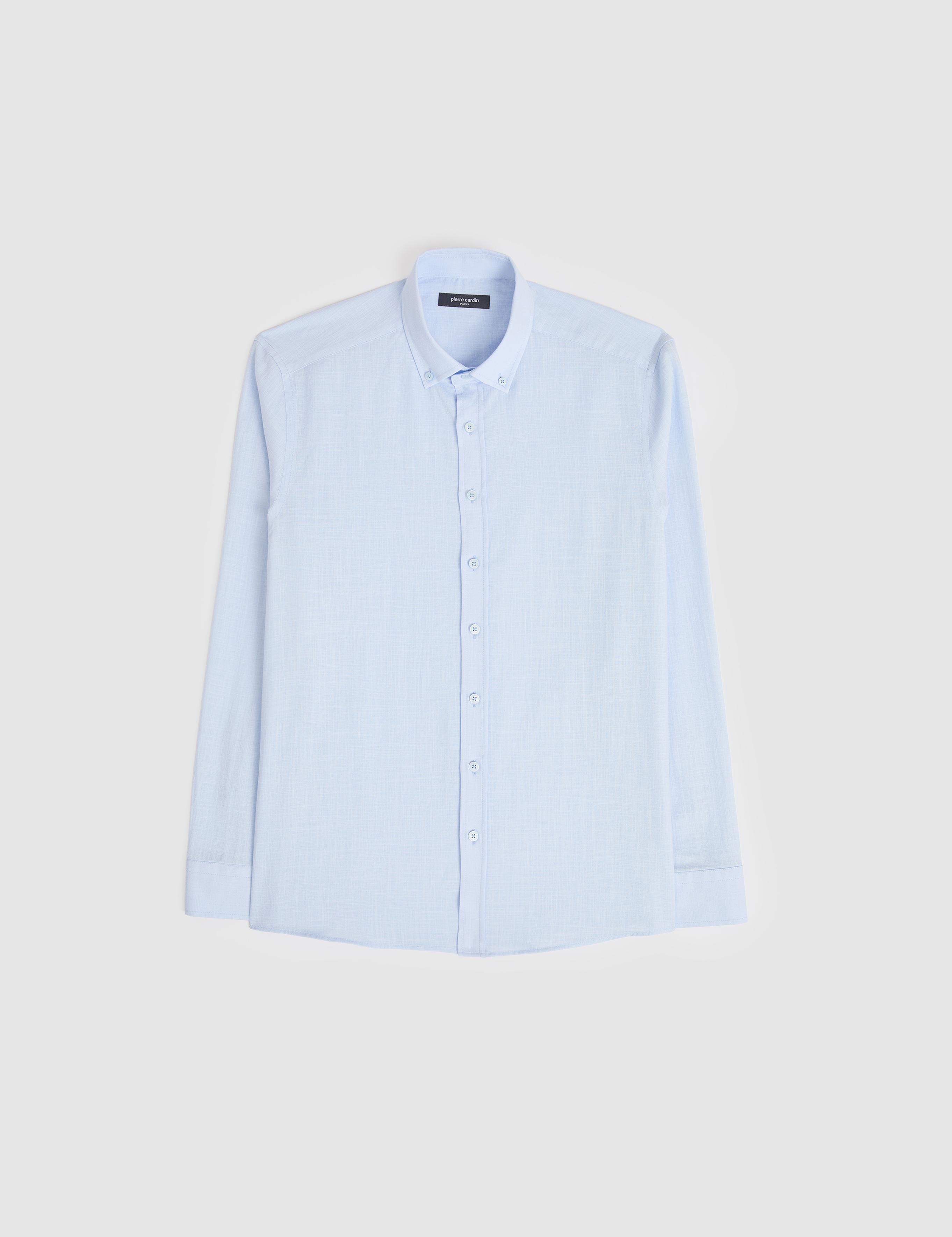 Açık Mavi %100 Pamuk Keten Görünümlü Slim Fit Uzun Kollu Gömlek