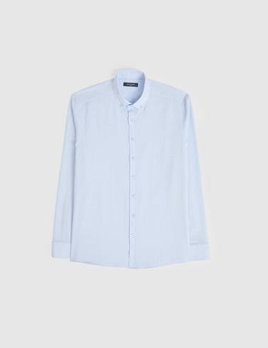 Açık Mavi %100 Pamuk Keten Görünümlü Slim Fit Uzun Kollu Gömlek