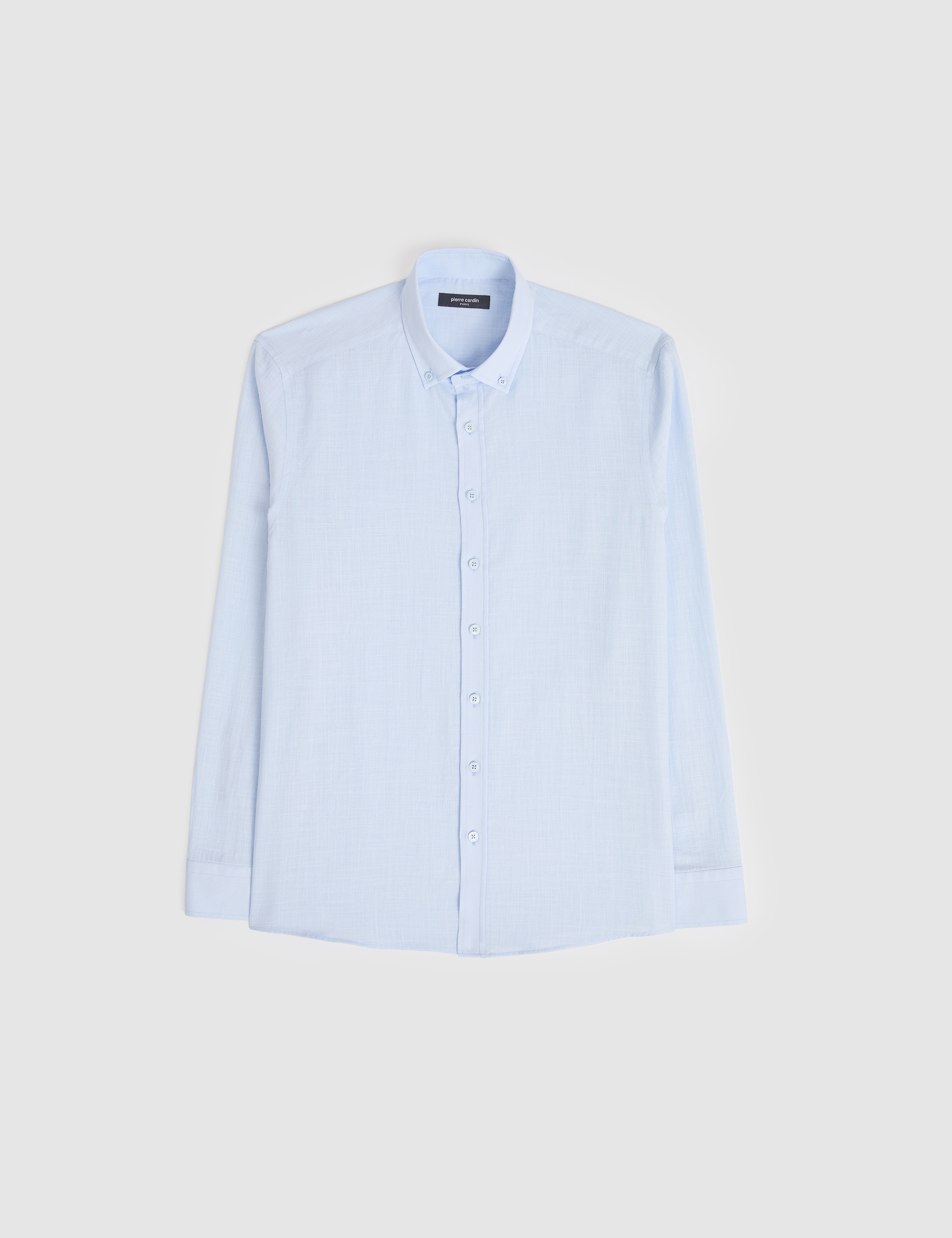 Açık Mavi %100 Pamuk Keten Görünümlü Slim Fit Uzun Kollu Gömlek - Image 6