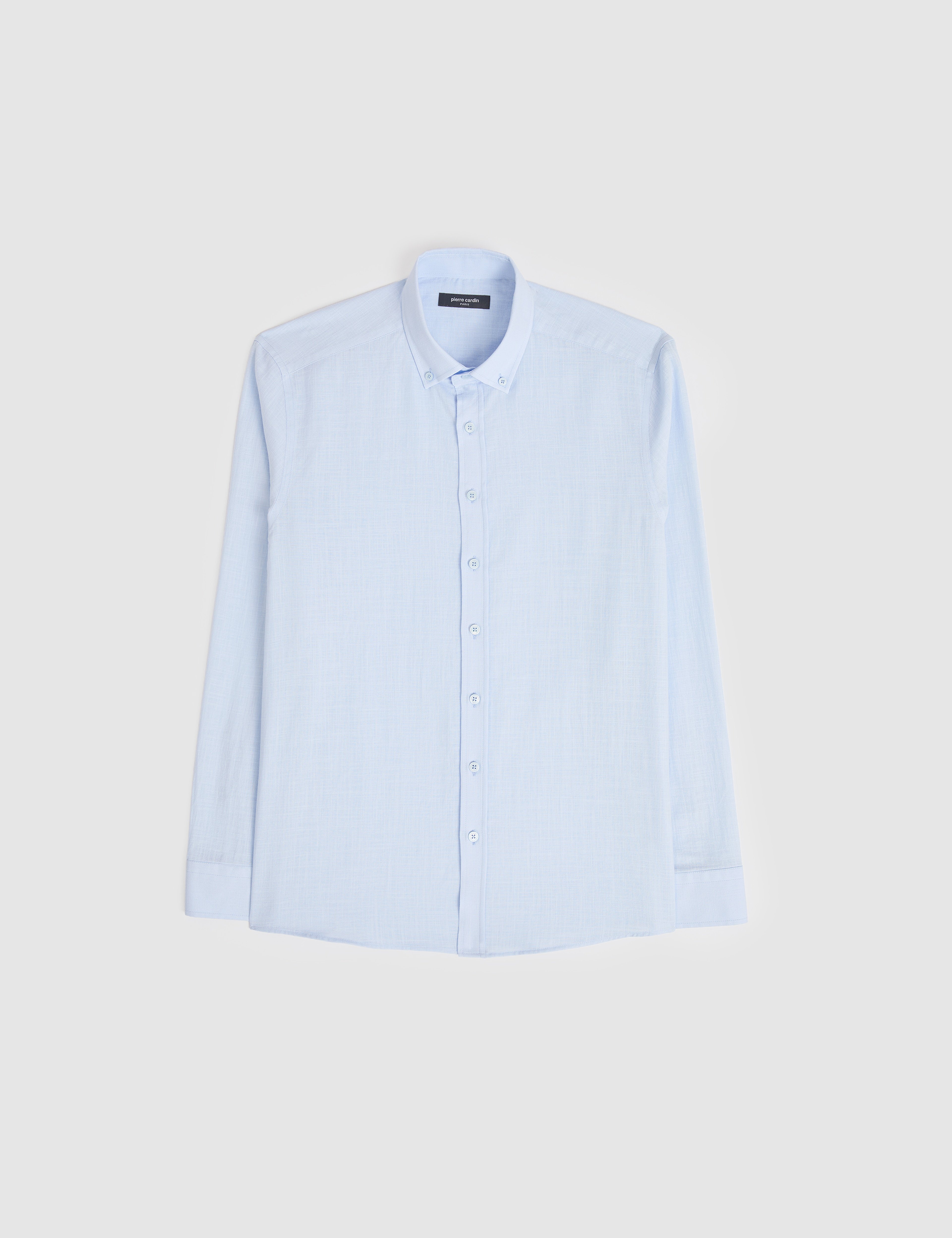 Açık Mavi %100 Pamuk Keten Görünümlü Slim Fit Uzun Kollu Gömlek
