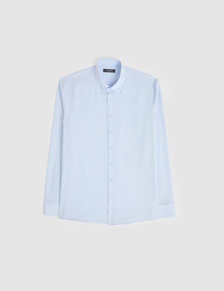 Açık Mavi %100 Pamuk Keten Görünümlü Slim Fit Uzun Kollu Gömlek - 50325355052