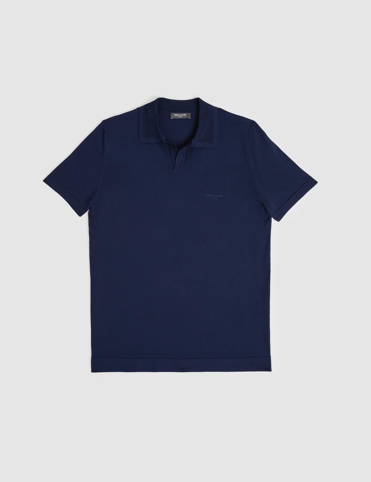 Lacivert Slim Fit Apaş Yaka Triko Tişört - 50324073001