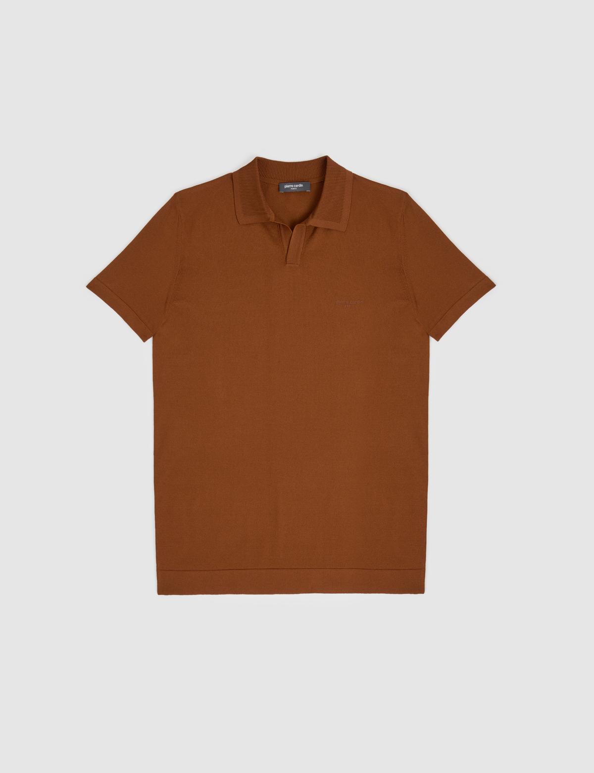 Açık Kahverengi Slim Fit Apaş Yaka Triko Tişört - 50324073028