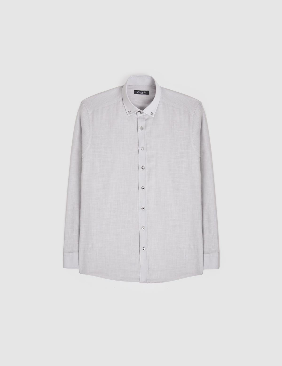 Açık Gri %100 Pamuk Keten Görünümlü Slim Fit Uzun Kollu Gömlek - 50325355023