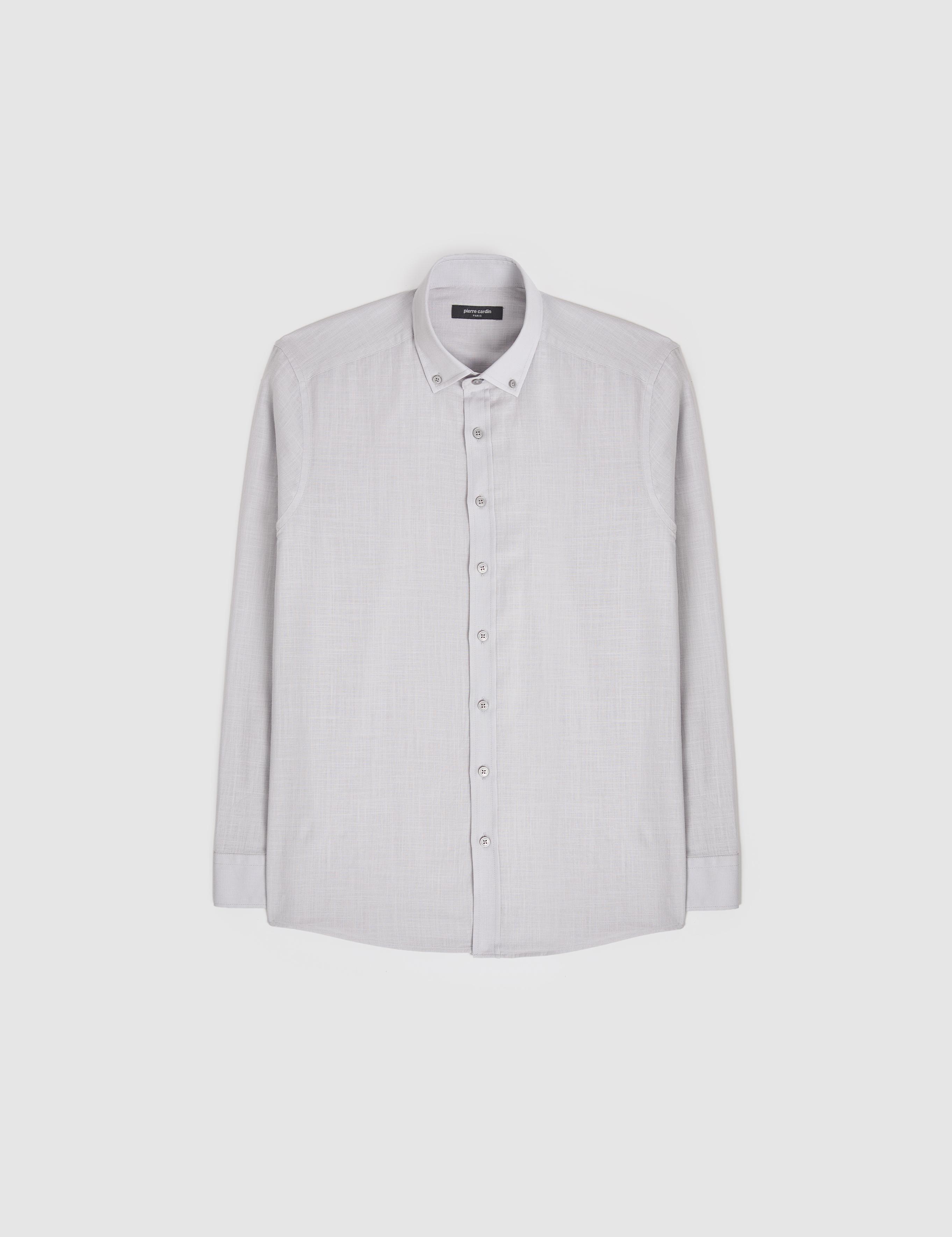 Açık Gri %100 Pamuk Keten Görünümlü Slim Fit Uzun Kollu Gömlek