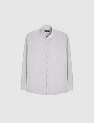 Açık Gri %100 Pamuk Keten Görünümlü Slim Fit Uzun Kollu Gömlek