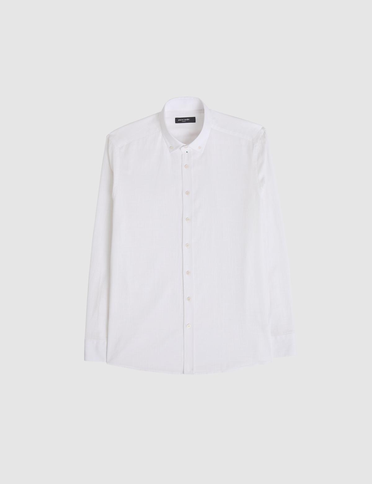 Beyaz %100 Pamuk Keten Görünümlü Slim Fit Uzun Kollu Gömlek - 50325355078