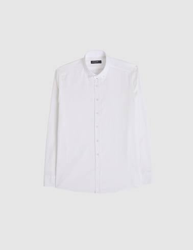 Beyaz %100 Pamuk Keten Görünümlü Slim Fit Uzun Kollu Gömlek