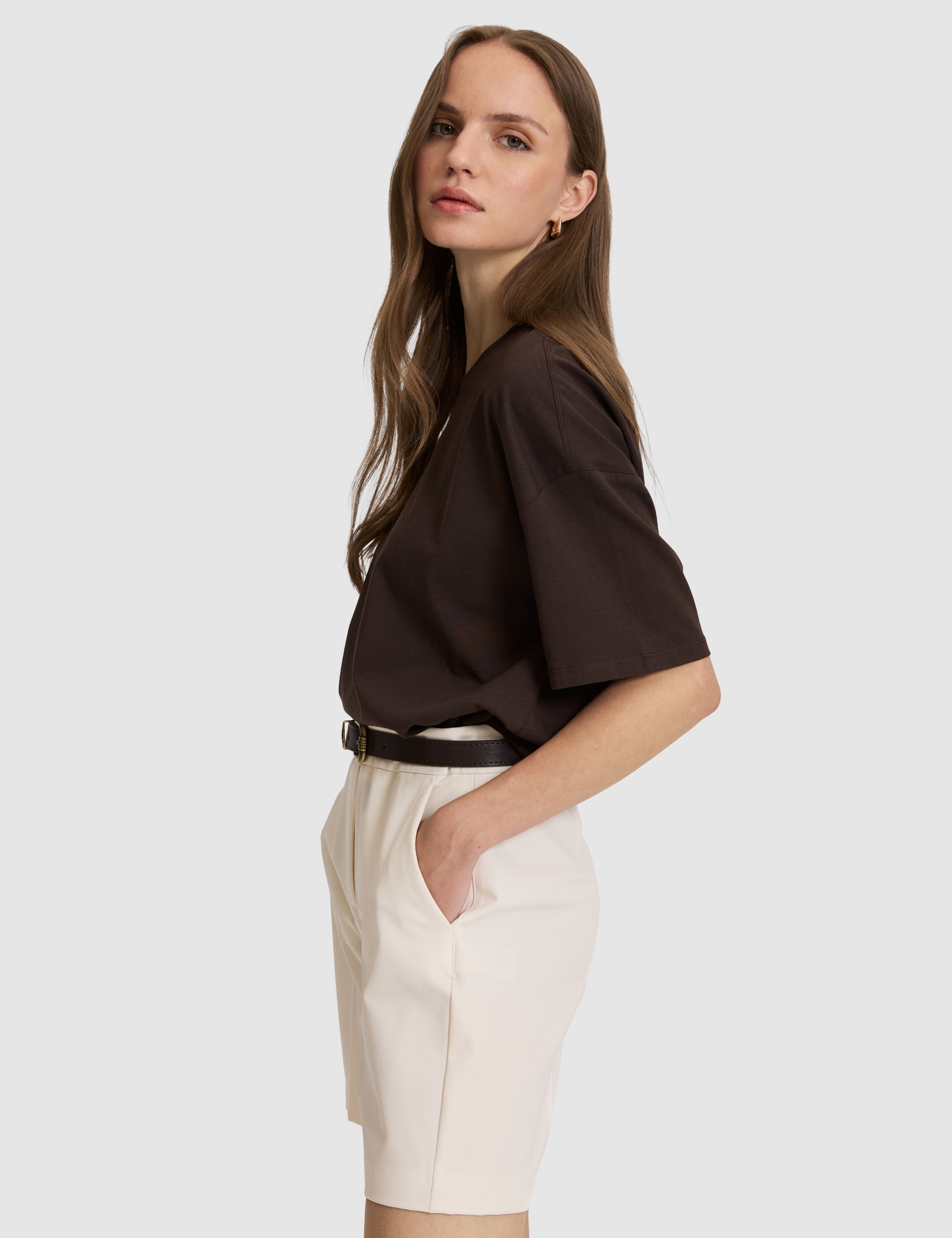 Kahverengi Oversize Bisiklet Yaka Tişört - Image 3