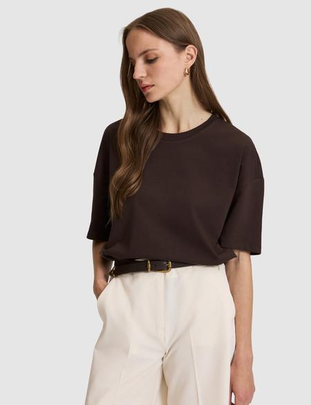 Kahverengi Oversize Bisiklet Yaka Tişört - 50325455015