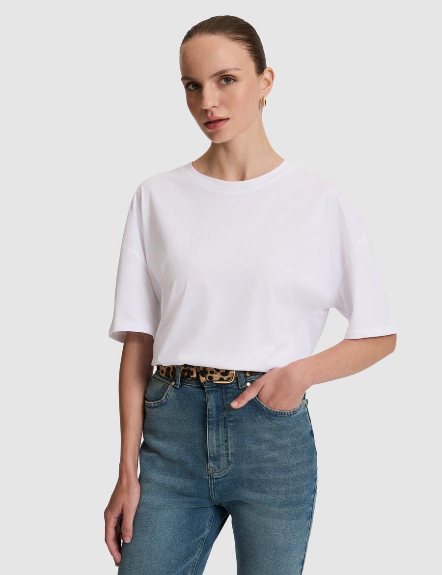 Beyaz Oversize Bisiklet Yaka Tişört