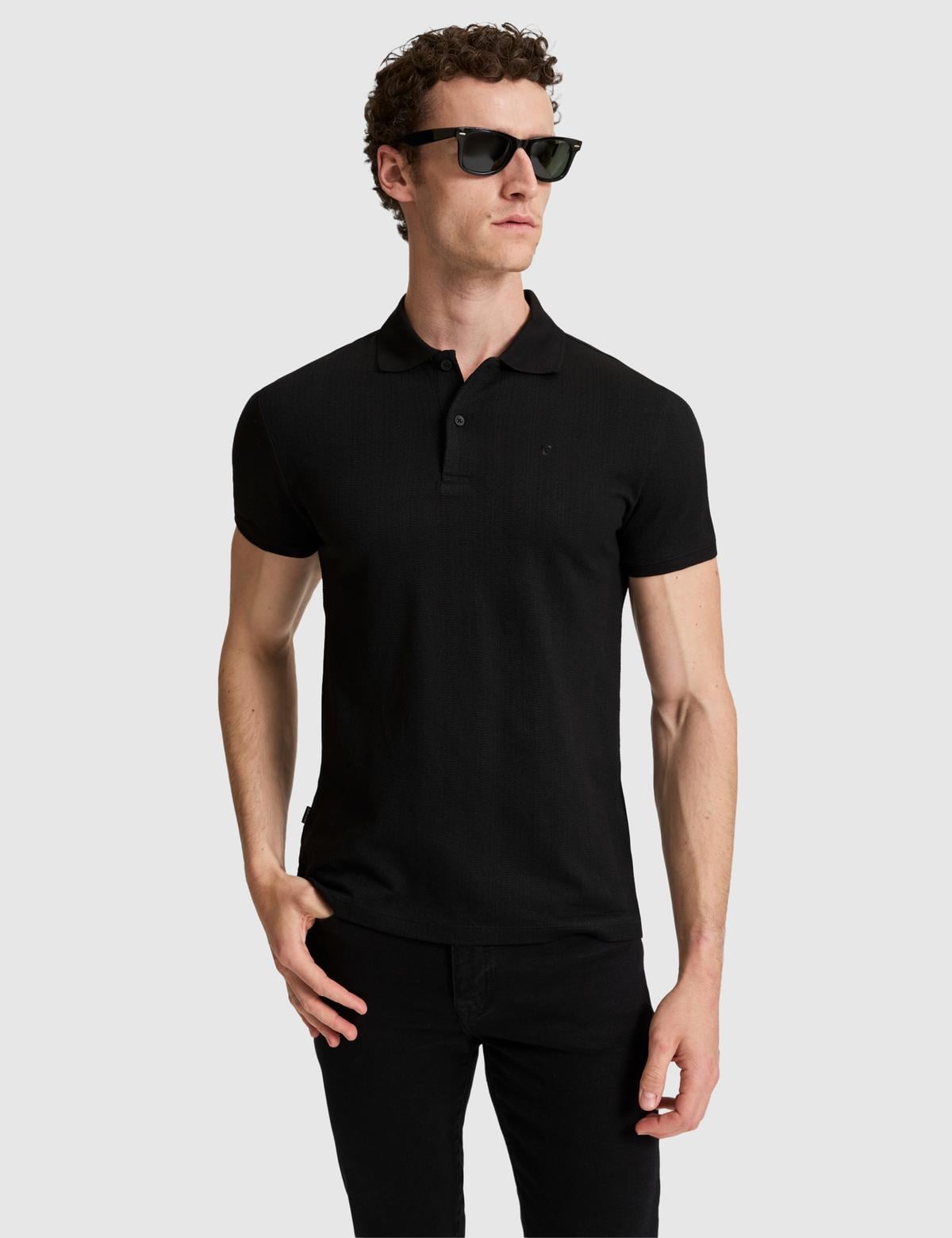 Siyah Slim Fit Düğmeli Polo Yaka Tişört - 50321192042
