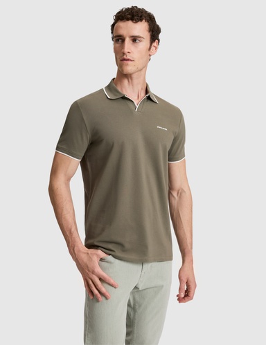 Haki Slim Fit %100 Pamuk Apaş Yaka Tişört