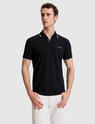 Siyah Slim Fit %100 Pamuk Apaş Yaka Tişört