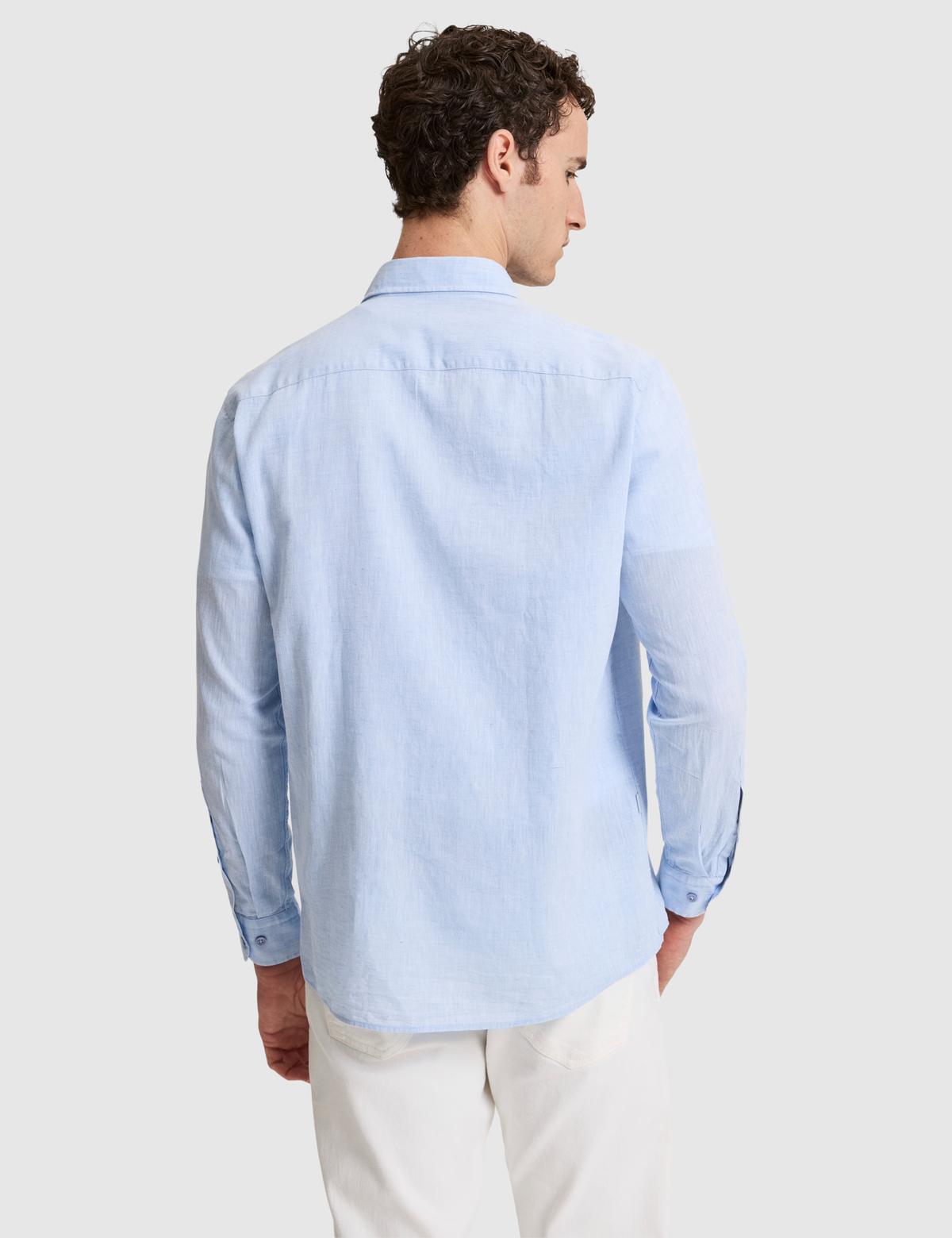 Buz Mavi Keten Karışımlı Regular Fit Uzun Kollu Erkek Gömlek - 50325356025