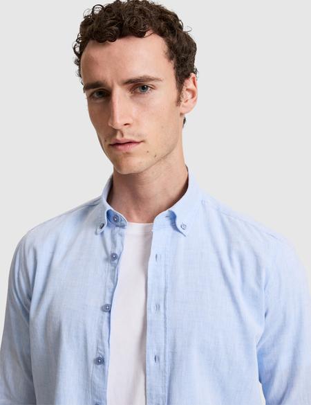 Buz Mavi Keten Karışımlı Regular Fit Uzun Kollu Erkek Gömlek - 50325356025