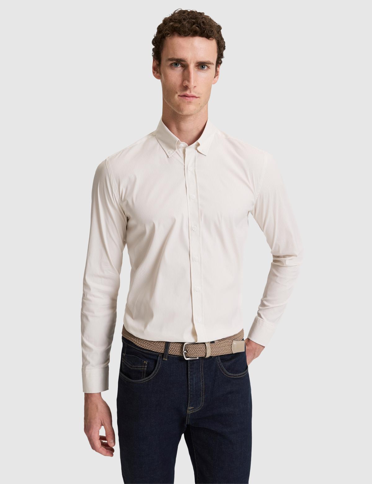 Bej Çizgili Slim Fit Uzunkollu Gömlek