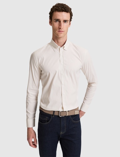 Bej Çizgili Slim Fit Uzunkollu Gömlek