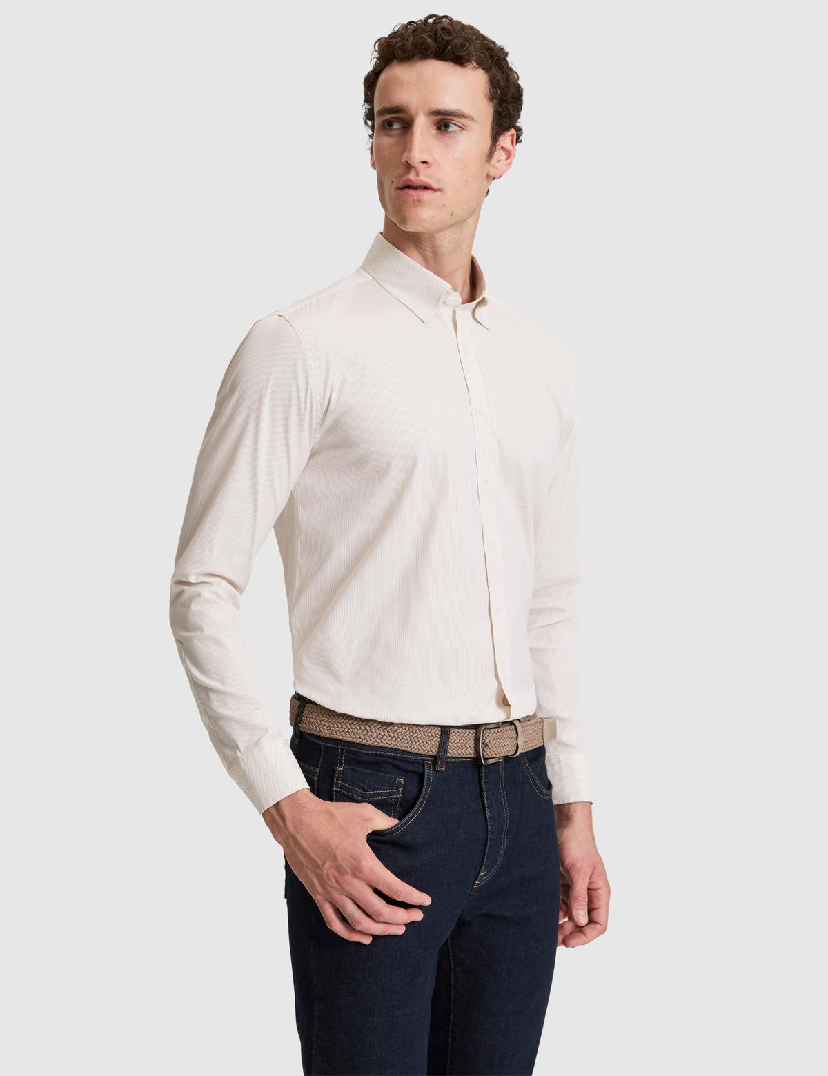 Bej Çizgili Slim Fit Uzunkollu Gömlek - 50320890019