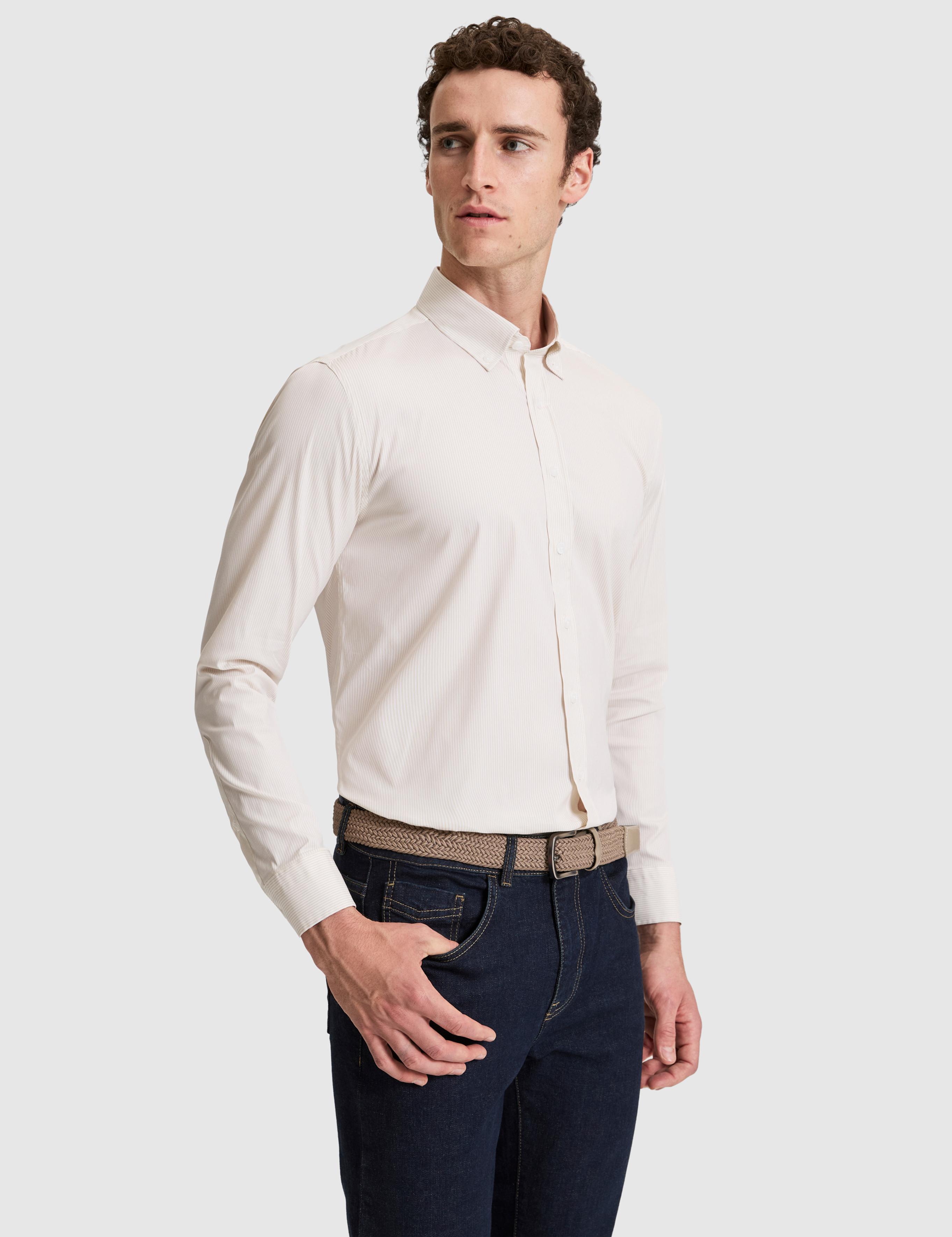 Bej Çizgili Slim Fit Uzunkollu Gömlek