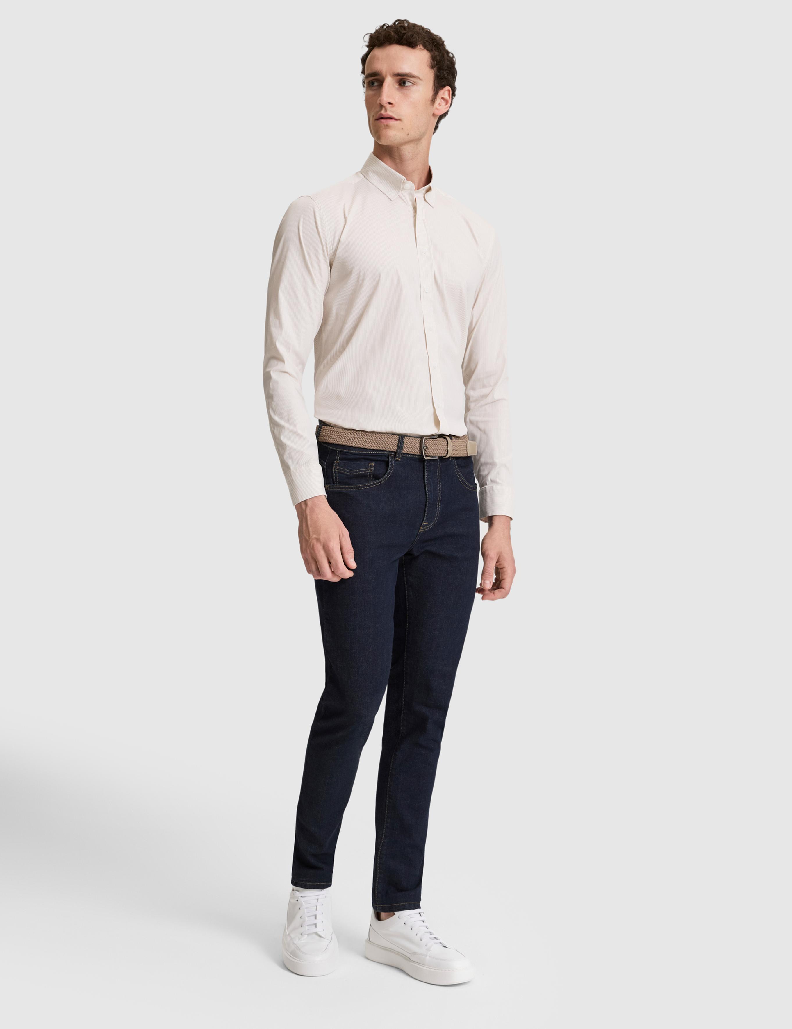 Bej Çizgili Slim Fit Uzunkollu Gömlek