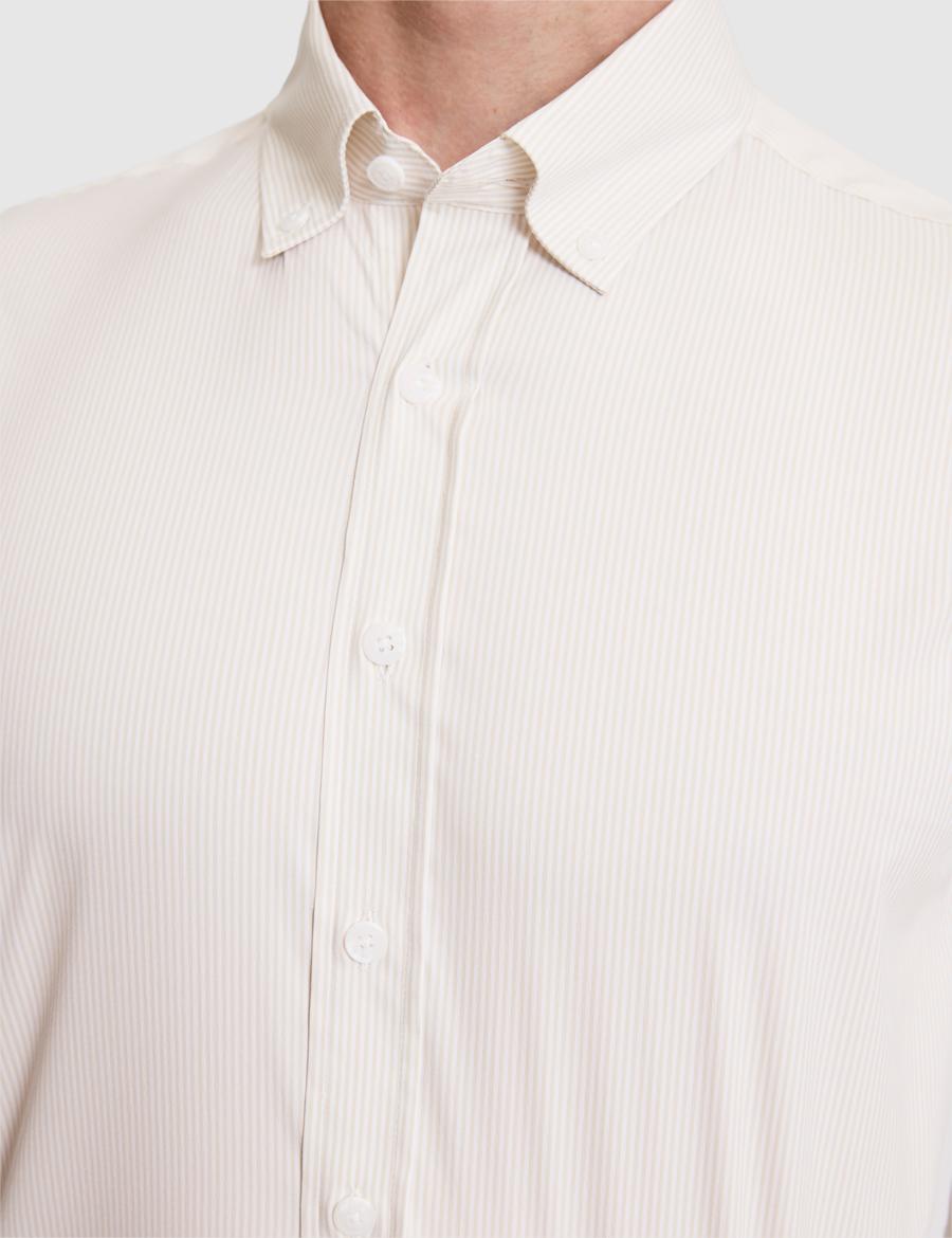 Bej Çizgili Slim Fit Uzunkollu Gömlek