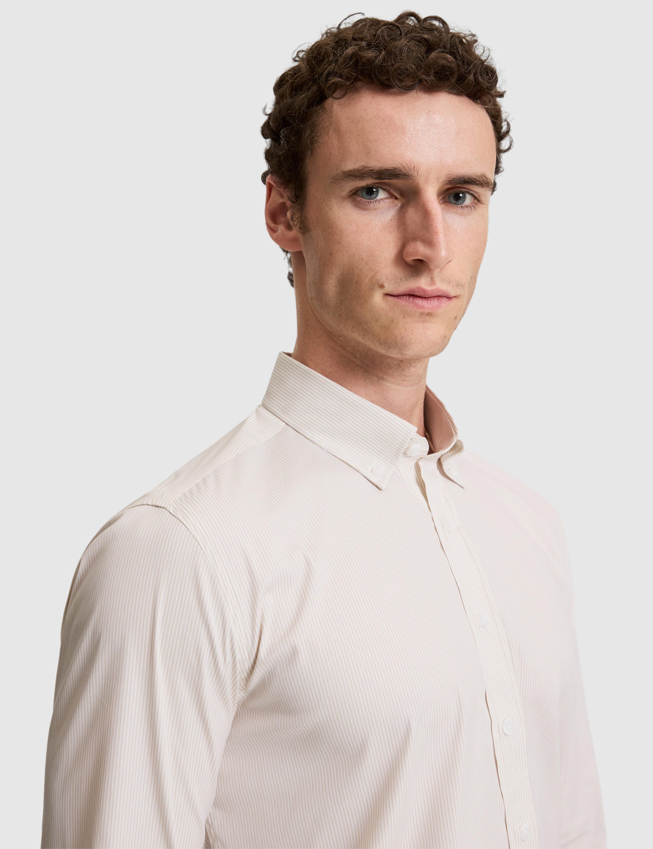 Bej Çizgili Slim Fit Uzunkollu Gömlek