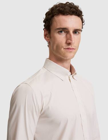 Bej Çizgili Slim Fit Uzunkollu Gömlek
