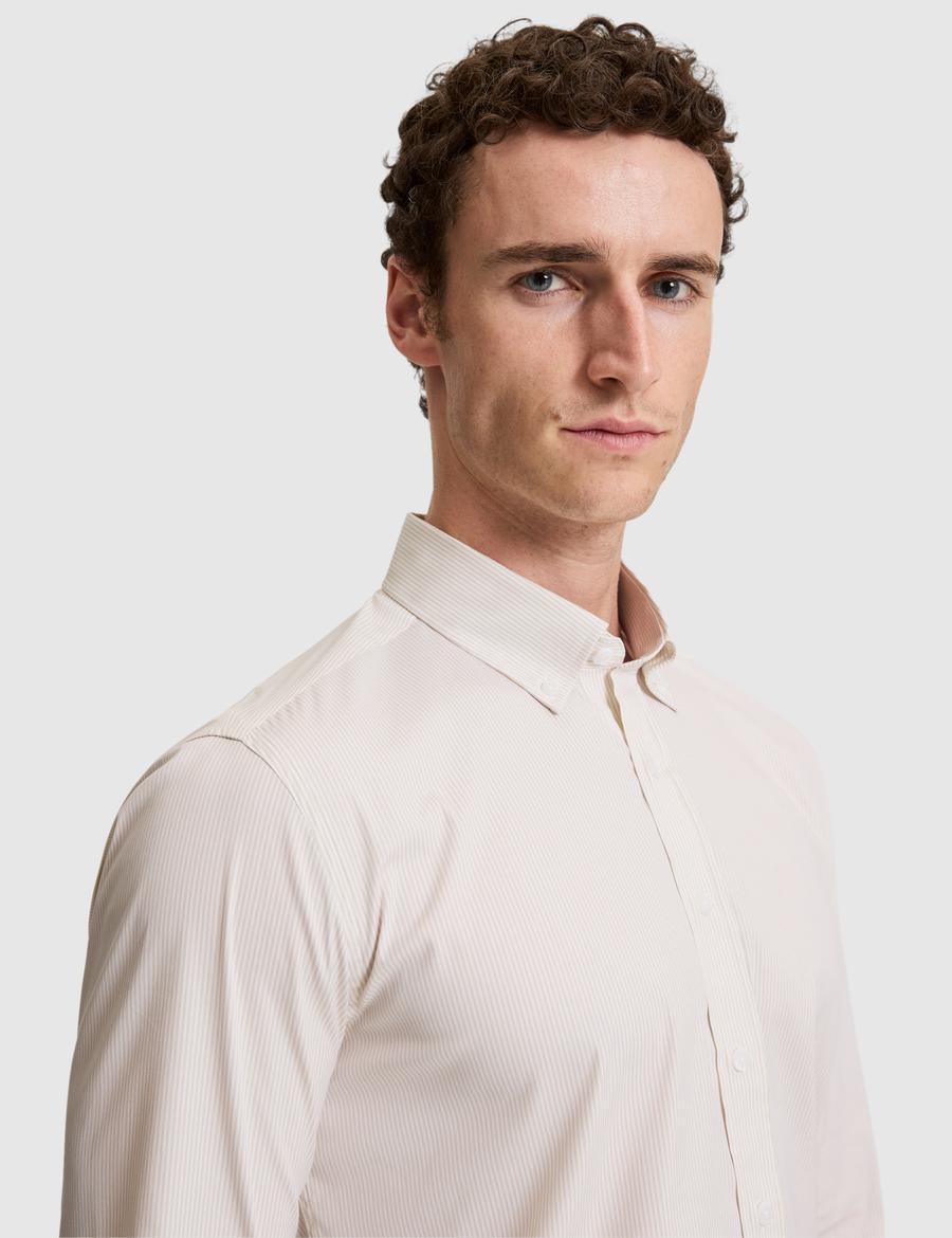 Bej Çizgili Slim Fit Uzunkollu Gömlek