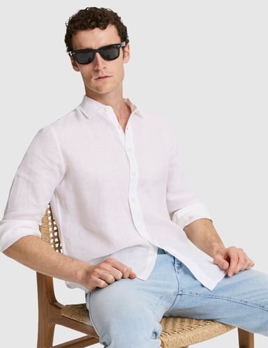 Beyaz Nefes Alan %100 Keten Regular Fit Uzunkollu Gömlek