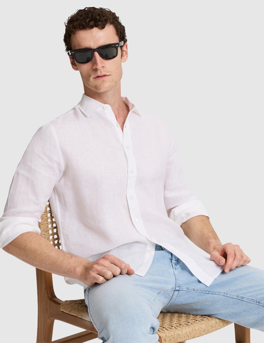 Beyaz Nefes Alan %100 Keten Regular Fit Uzunkollu Gömlek