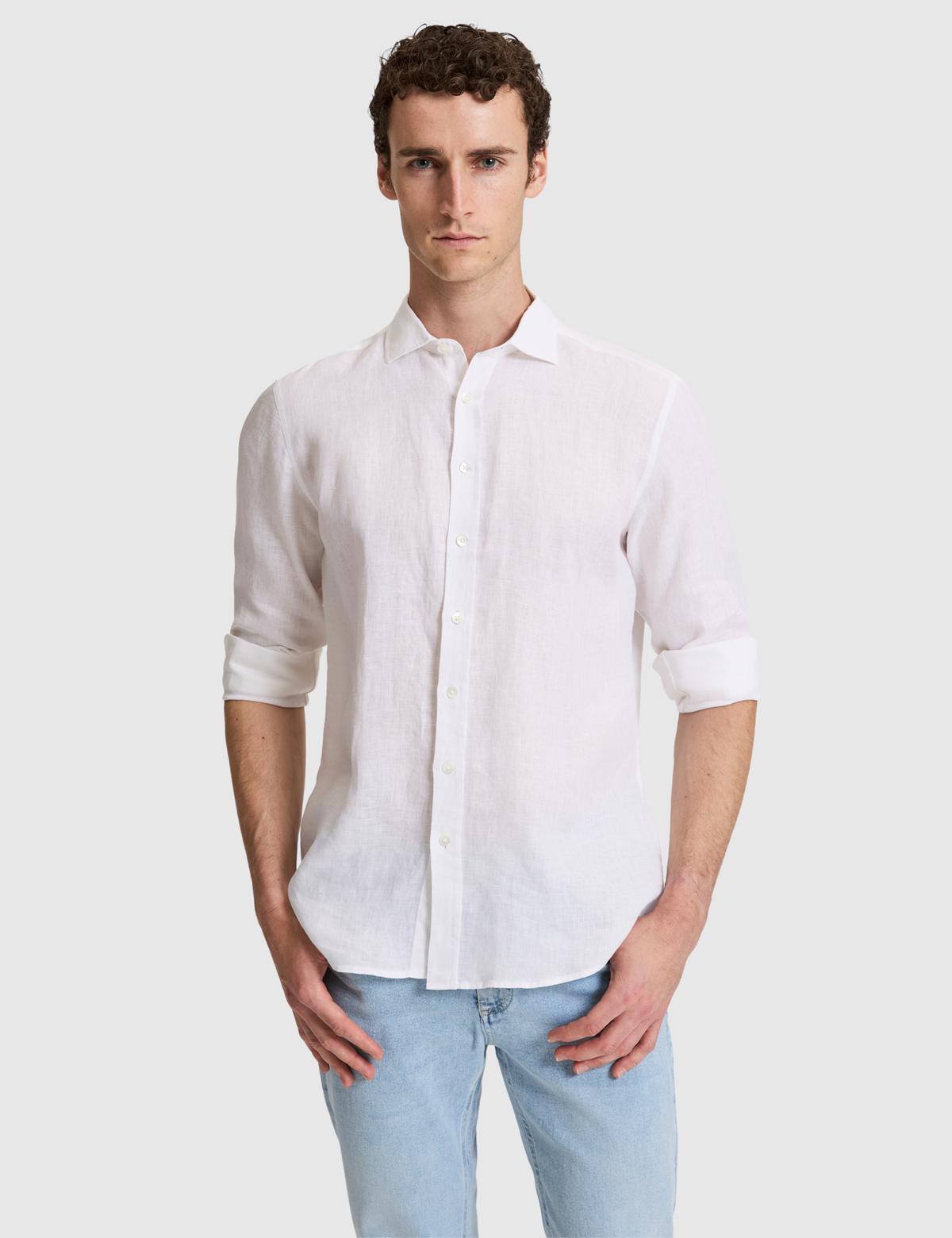 Beyaz %100 Keten Regular Fit Uzunkollu Gömlek - 50320945159