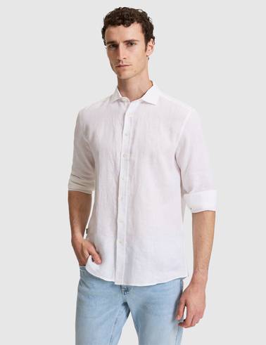 Beyaz Nefes Alan %100 Keten Regular Fit Uzunkollu Gömlek